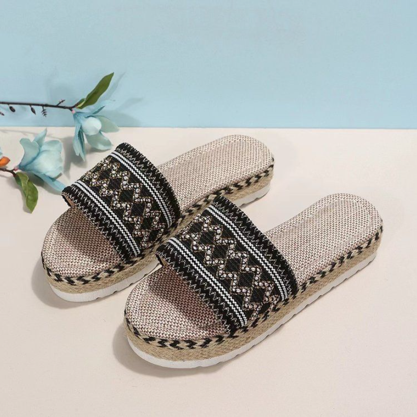 Women's Shoes Slippers New European and American ethnic style large size women's thick-soled fish mouth hemp rope candy-colored slippers