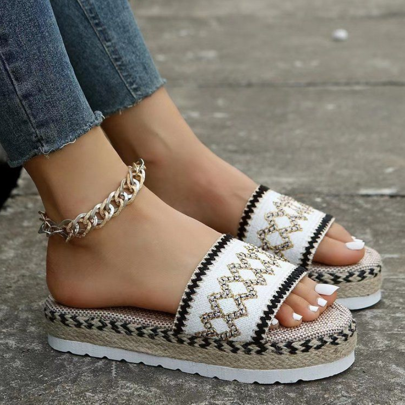 Women's Shoes Slippers New European and American ethnic style large size women's thick-soled fish mouth hemp rope candy-colored slippers