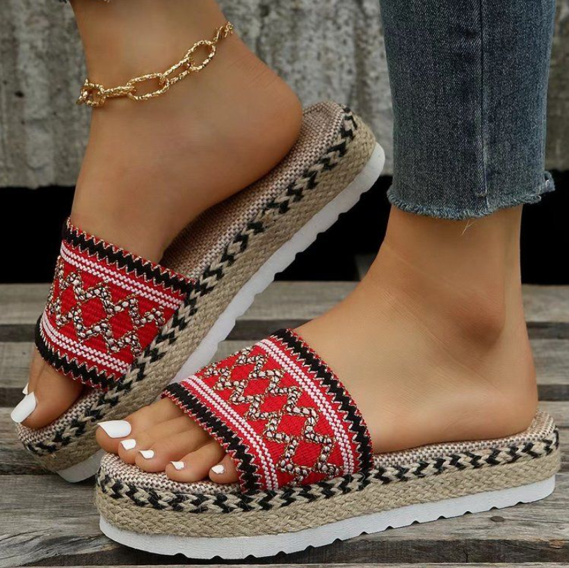 Women's Shoes Slippers New European and American ethnic style large size women's thick-soled fish mouth hemp rope candy-colored slippers
