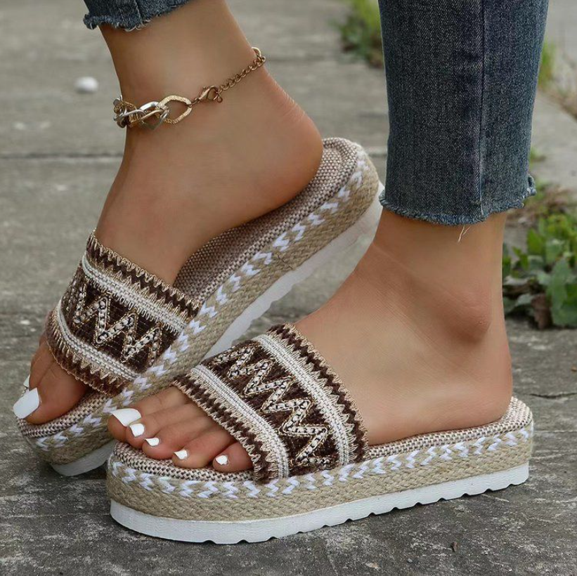 Women's Shoes Slippers New European and American ethnic style large size women's thick-soled fish mouth hemp rope candy-colored slippers