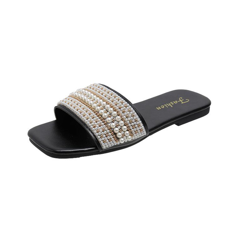 Women's Shoes Slippers Indoor Slippers New summer flat large size slippers for women casual square toe pearl rhinestone one-line sandals