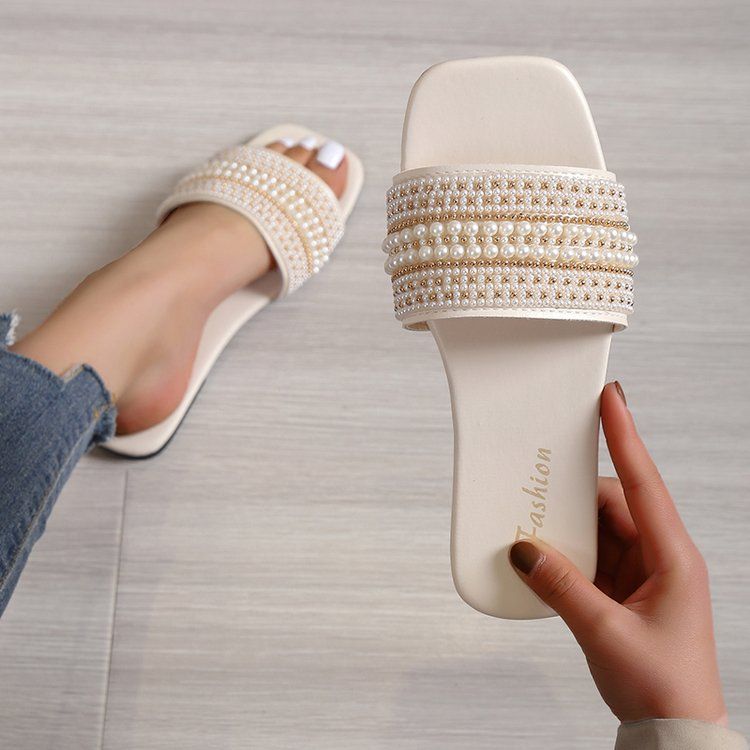 Women's Shoes Slippers Indoor Slippers New summer flat large size slippers for women casual square toe pearl rhinestone one-line sandals