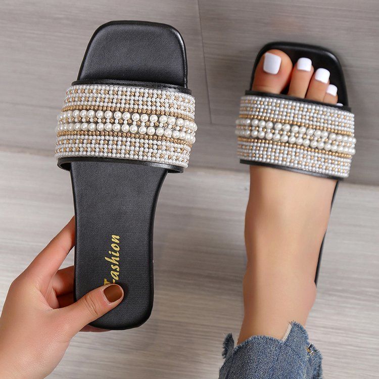 Women's Shoes Slippers Indoor Slippers New summer flat large size slippers for women casual square toe pearl rhinestone one-line sandals
