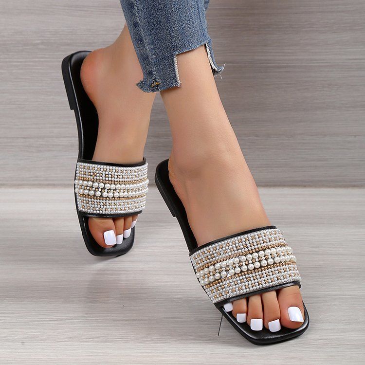 Women's Shoes Slippers Indoor Slippers New summer flat large size slippers for women casual square toe pearl rhinestone one-line sandals