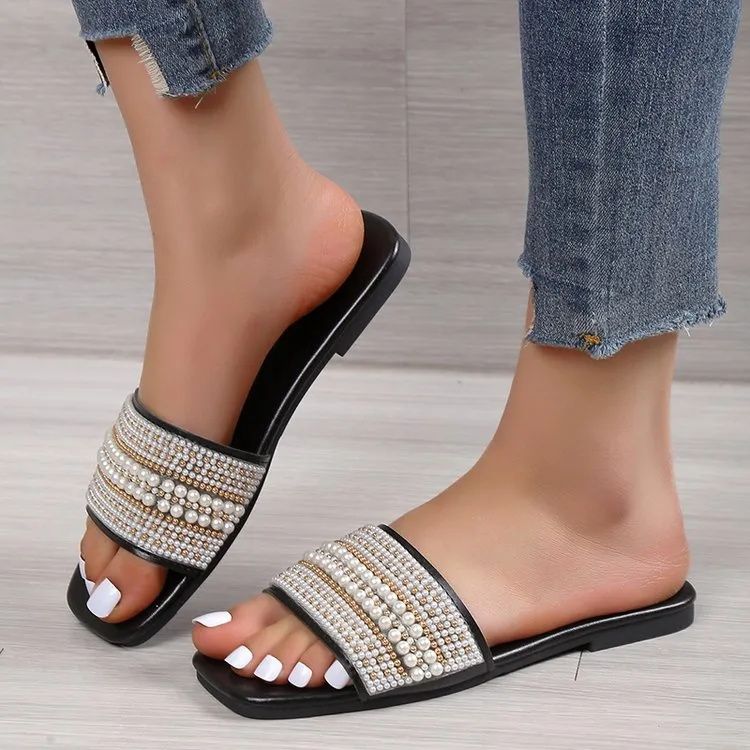 Women's Shoes Slippers Indoor Slippers New summer flat large size slippers for women casual square toe pearl rhinestone one-line sandals