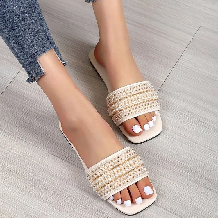Women's Shoes Slippers Indoor Slippers New summer flat large size slippers for women casual square toe pearl rhinestone one-line sandals