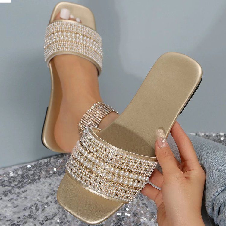 Women's Shoes Slippers Indoor Slippers New summer flat large size slippers for women casual square toe pearl rhinestone one-line sandals