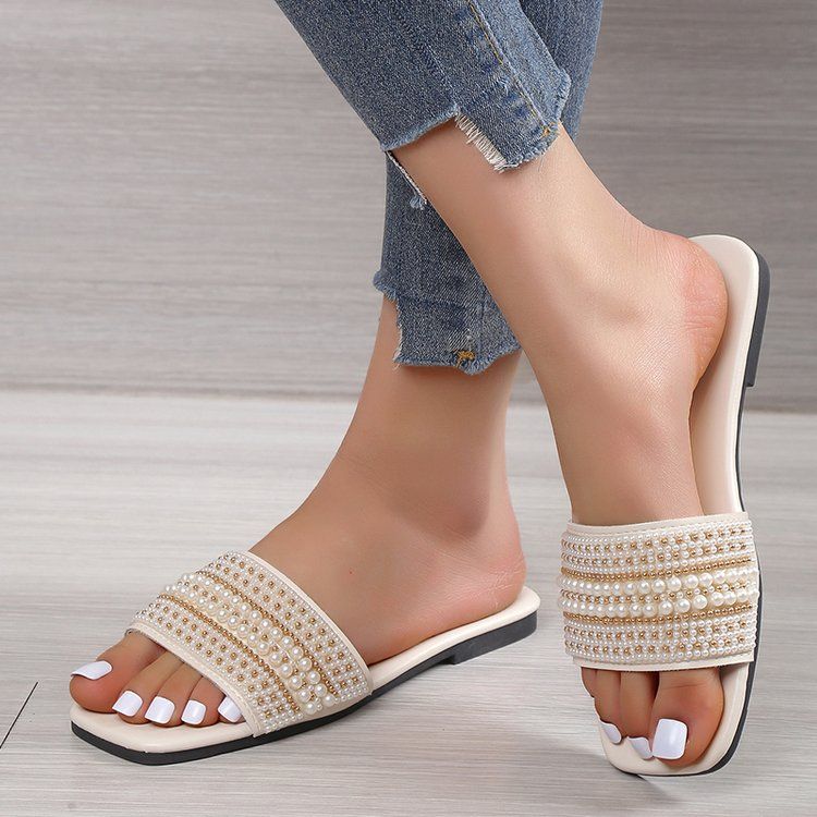 Women's Shoes Slippers Indoor Slippers New summer flat large size slippers for women casual square toe pearl rhinestone one-line sandals