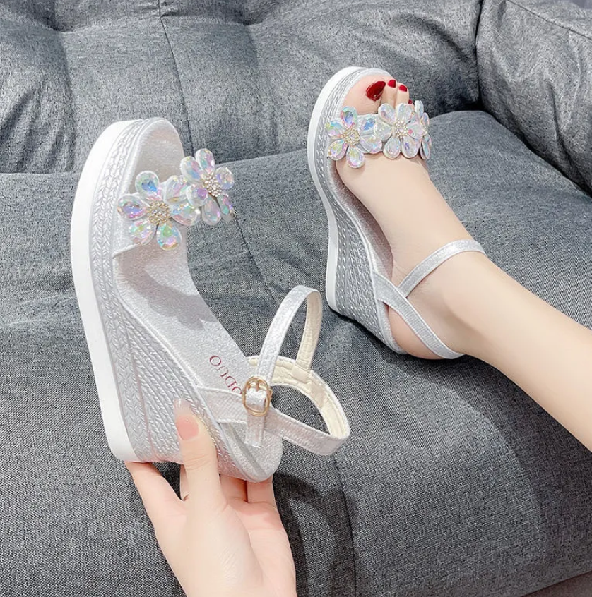 Women's Shoes Sandals Heels Sandals Wedge sandals for women, bohemian fairy style, new internet celebrity versatile rhinestone open toe high heel sandals