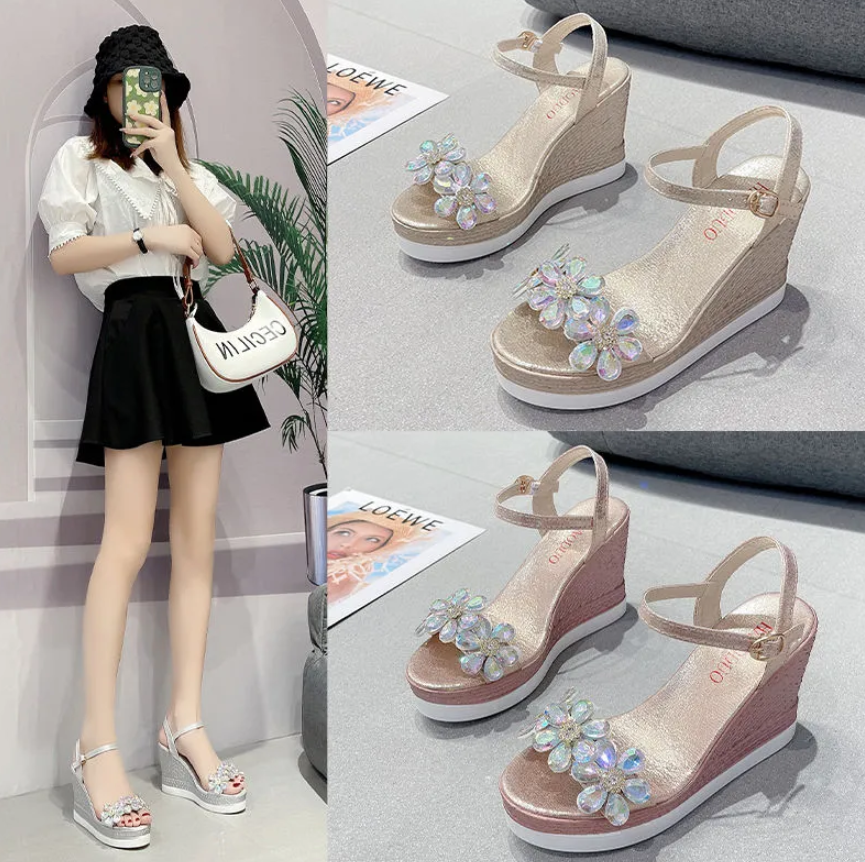 Women's Shoes Sandals Heels Sandals Wedge sandals for women, bohemian fairy style, new internet celebrity versatile rhinestone open toe high heel sandals