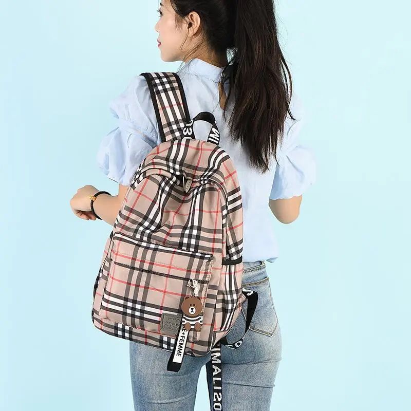 Bags Girl's Bags Backpacks Large Capacity Fashion Checkered Backpack Comes with Decoration Casual Travel Bag Student School Bag Fashionable and Versatile