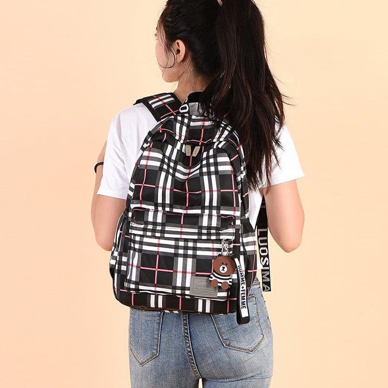 Bags Girl's Bags Backpacks Large Capacity Fashion Checkered Backpack Comes with Decoration Casual Travel Bag Student School Bag Fashionable and Versatile