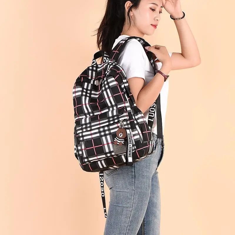 Bags Girl's Bags Backpacks Large Capacity Fashion Checkered Backpack Comes with Decoration Casual Travel Bag Student School Bag Fashionable and Versatile