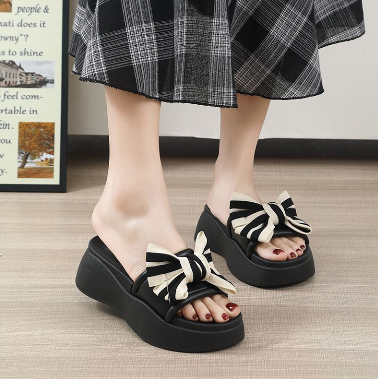 Women's Shoes Slippers Bow slippers, thick-soled fashionable platform slippers with elevated height when going out, versatile non-slip slippers