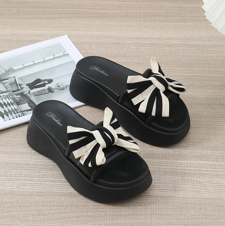 Women's Shoes Slippers Bow slippers, thick-soled fashionable platform slippers with elevated height when going out, versatile non-slip slippers
