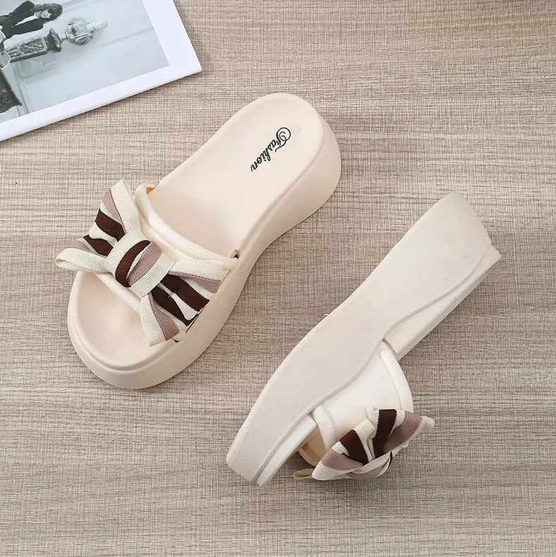 Women's Shoes Slippers Bow slippers, thick-soled fashionable platform slippers with elevated height when going out, versatile non-slip slippers