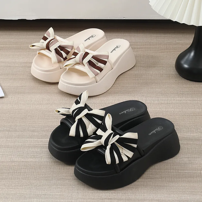 Women's Shoes Slippers Bow slippers, thick-soled fashionable platform slippers with elevated height when going out, versatile non-slip slippers