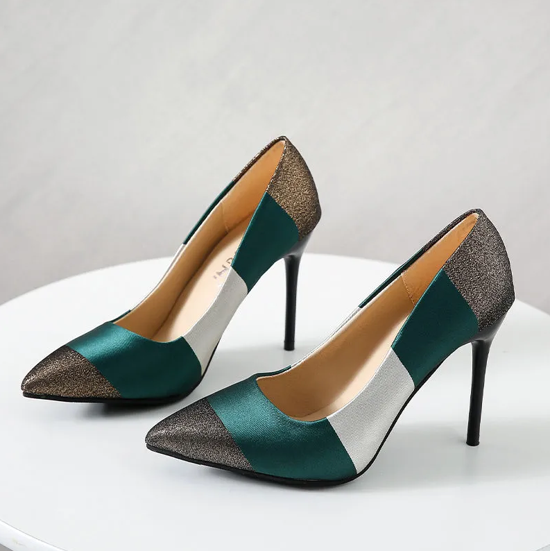 Women'S Shoes Heels Color-Blocking Fashionable And Versatile Professional Shoes, New Pointed Toe, Shallow Mouth, Large Size High Heels, Stiletto Heels, Party Fairy Style High Heels