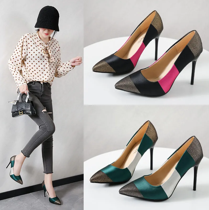Women'S Shoes Heels Color-Blocking Fashionable And Versatile Professional Shoes, New Pointed Toe, Shallow Mouth, Large Size High Heels, Stiletto Heels, Party Fairy Style High Heels