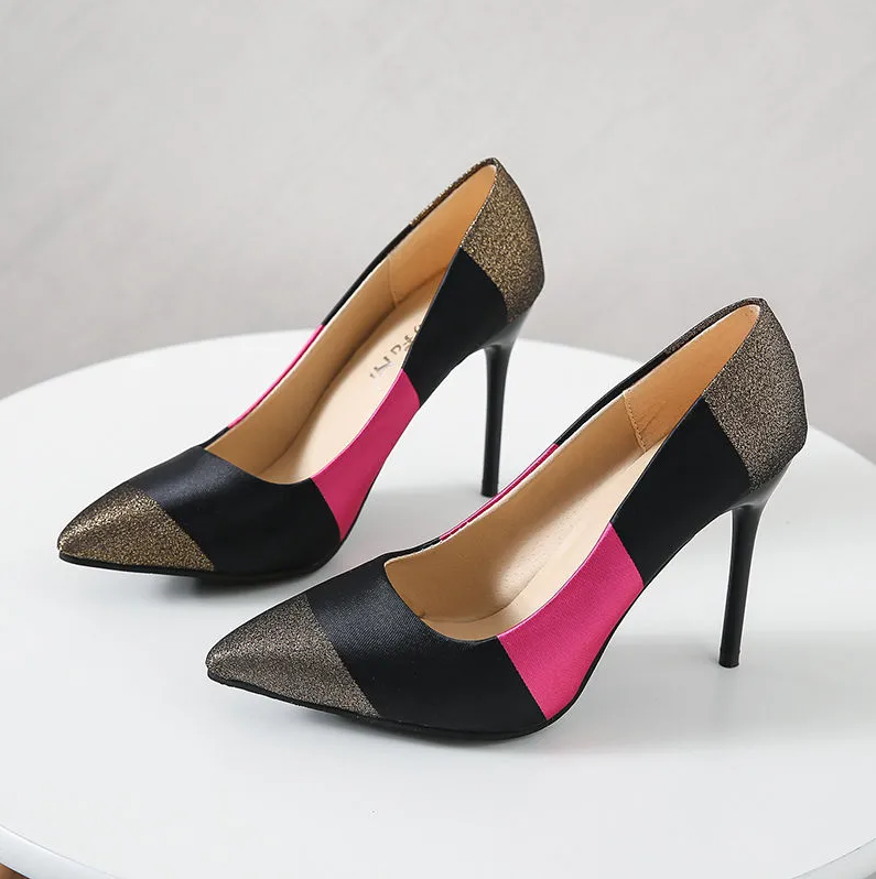 Women'S Shoes Heels Color-Blocking Fashionable And Versatile Professional Shoes, New Pointed Toe, Shallow Mouth, Large Size High Heels, Stiletto Heels, Party Fairy Style High Heels
