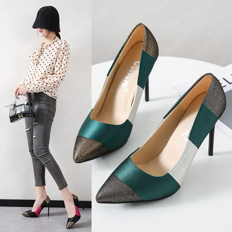 Women'S Shoes Heels Color-Blocking Fashionable And Versatile Professional Shoes, New Pointed Toe, Shallow Mouth, Large Size High Heels, Stiletto Heels, Party Fairy Style High Heels