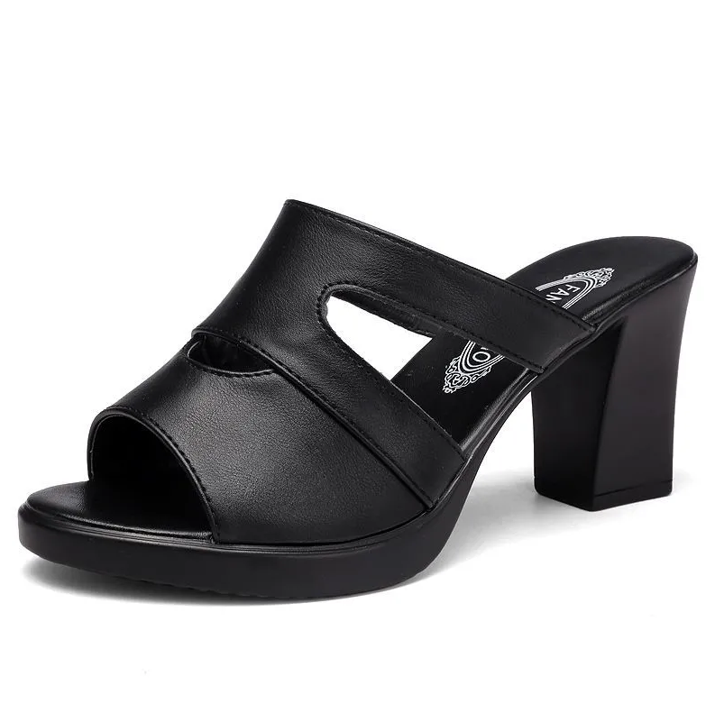 Women'S Shoes Slippers Mules New Style High-Heeled Sandals For Outer Wear, Fashionable Outer Wear, Thick Heels, Medium Heels, Fish Mouth Fittings, Non-Slip Soft-Soled High-Heeled Slippers
