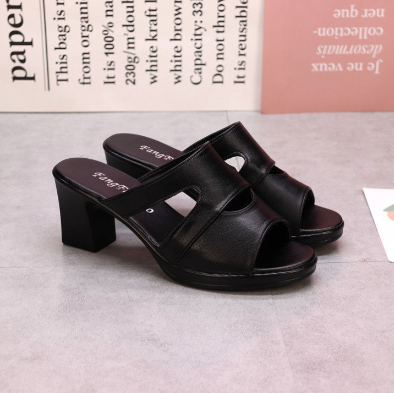 Women'S Shoes Slippers Mules New Style High-Heeled Sandals For Outer Wear, Fashionable Outer Wear, Thick Heels, Medium Heels, Fish Mouth Fittings, Non-Slip Soft-Soled High-Heeled Slippers