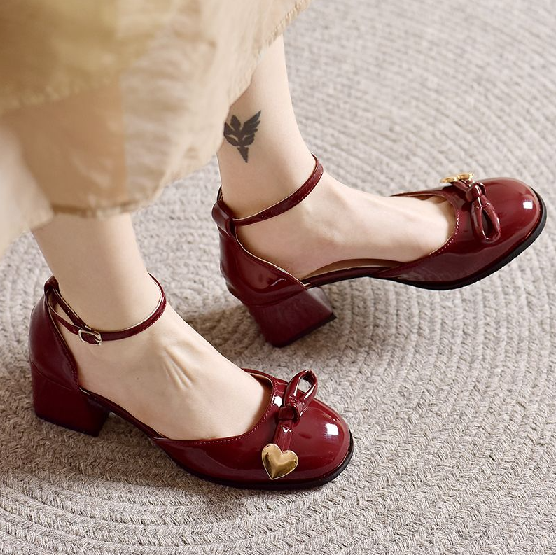 Women's Shoes Heels Mary Jane women's red small leather shoes new high-heeled women's shoes French retro round toe thick heel wedding shoes high heels