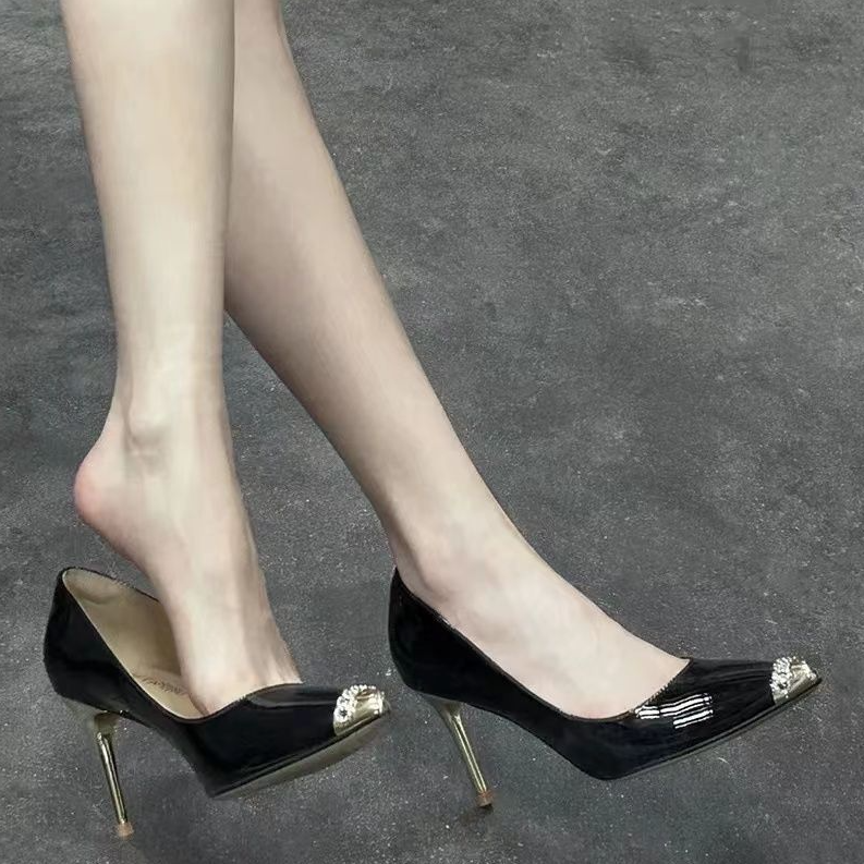 Women's Shoes Heels New pointed toe rhinestone metal stiletto high heels formal shoes feminine black patent leather sexy bed sheets shoes high heels