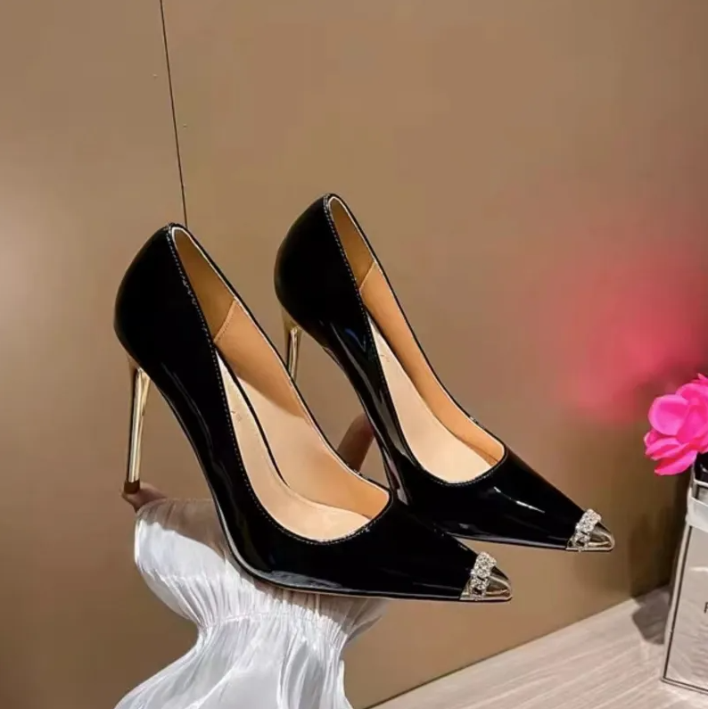 Women's Shoes Heels New pointed toe rhinestone metal stiletto high heels formal shoes feminine black patent leather sexy bed sheets shoes high heels