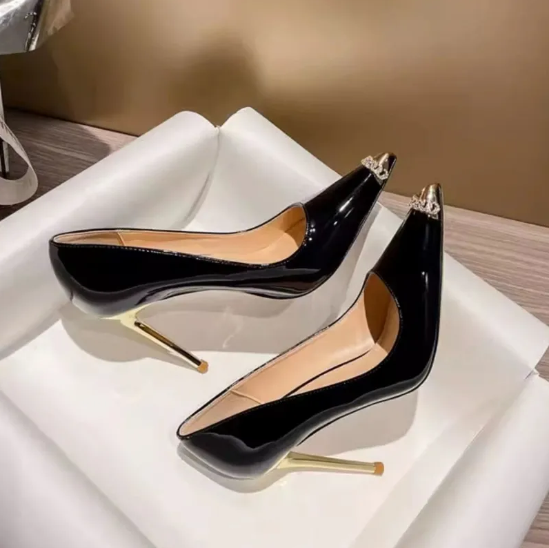 Women's Shoes Heels New pointed toe rhinestone metal stiletto high heels formal shoes feminine black patent leather sexy bed sheets shoes high heels