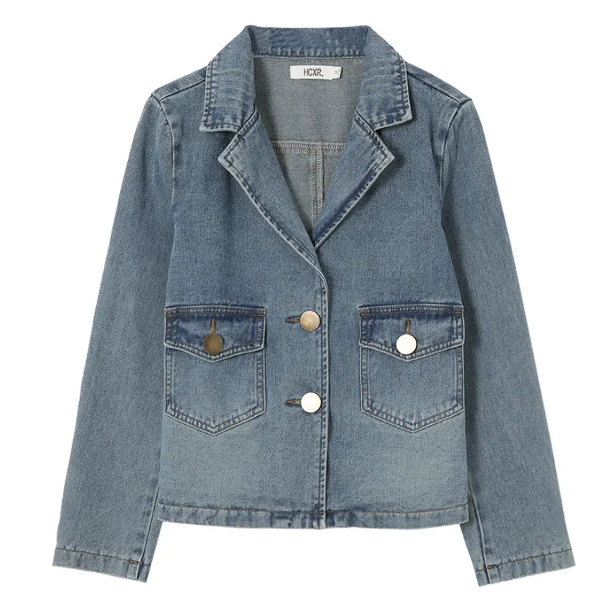 Women's Clothing Tops Jackets Coats Hong Kong style small style suit collar denim jacket women's new denim casual short jacket