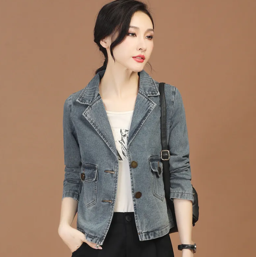 Women's Clothing Tops Jackets Coats Hong Kong style small style suit collar denim jacket women's new denim casual short jacket