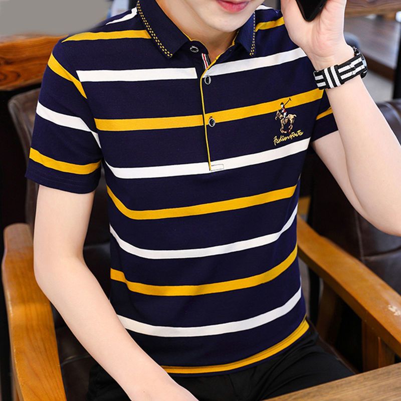 Men's Clothing Tops Shirts polo Men's short sleeve t-shirts for middle-aged and elderly people Stand collar striped polo shirt Fashionable, versatile and casual Comfortable thin sleeve T-shirt