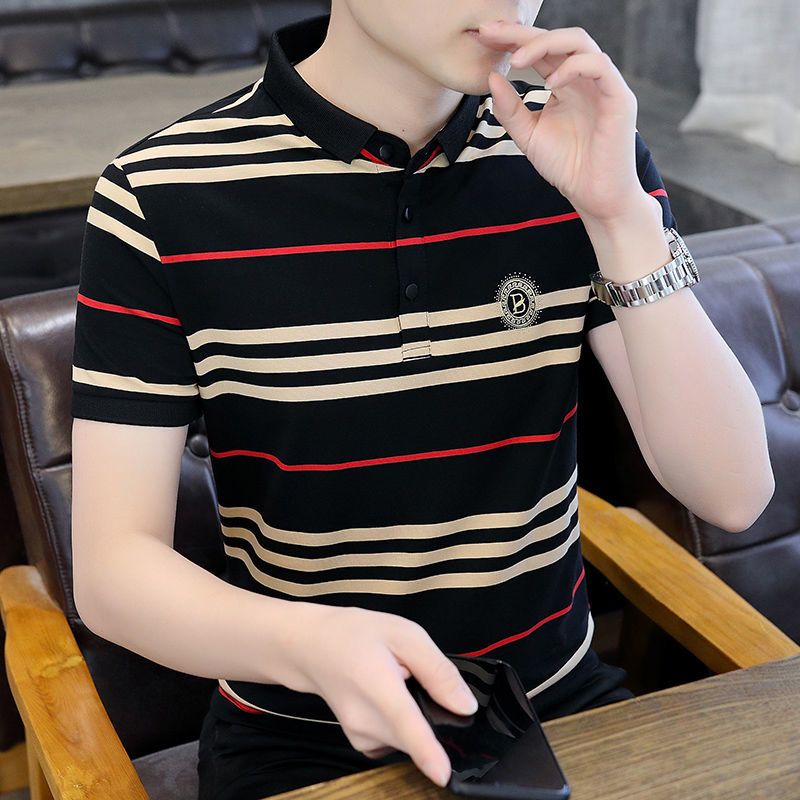 Men's Clothing Tops Shirts polo Men's short sleeve t-shirts for middle-aged and elderly people Stand collar striped polo shirt Fashionable, versatile and casual Comfortable thin sleeve T-shirt