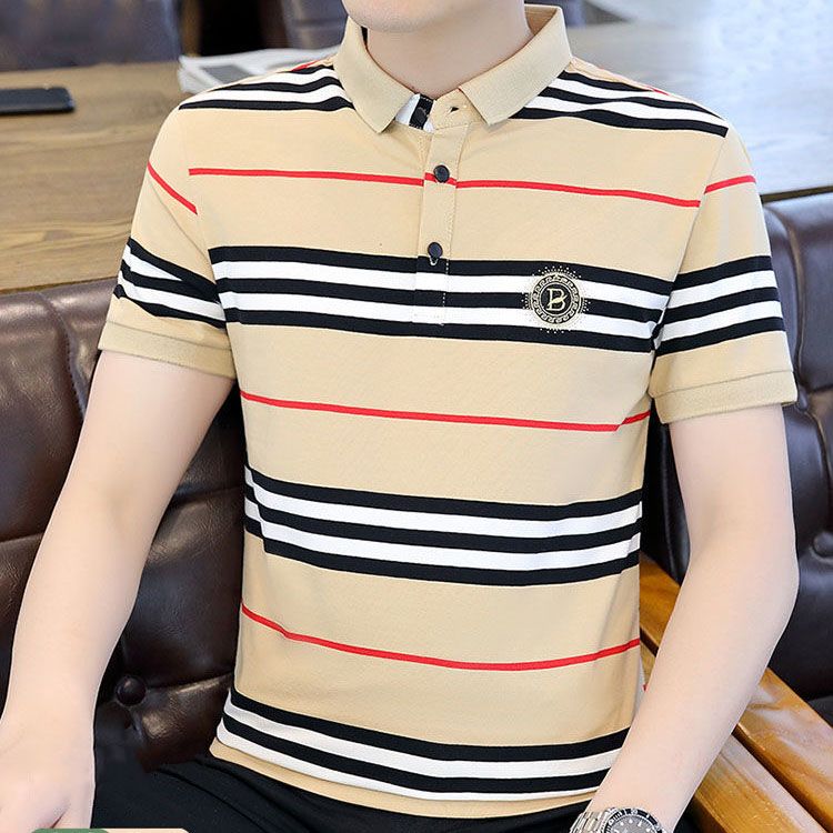 Men's Clothing Tops Shirts polo Men's short sleeve t-shirts for middle-aged and elderly people Stand collar striped polo shirt Fashionable, versatile and casual Comfortable thin sleeve T-shirt