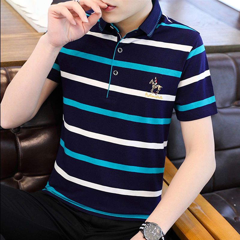Men's Clothing Tops Shirts polo Men's short sleeve t-shirts for middle-aged and elderly people Stand collar striped polo shirt Fashionable, versatile and casual Comfortable thin sleeve T-shirt