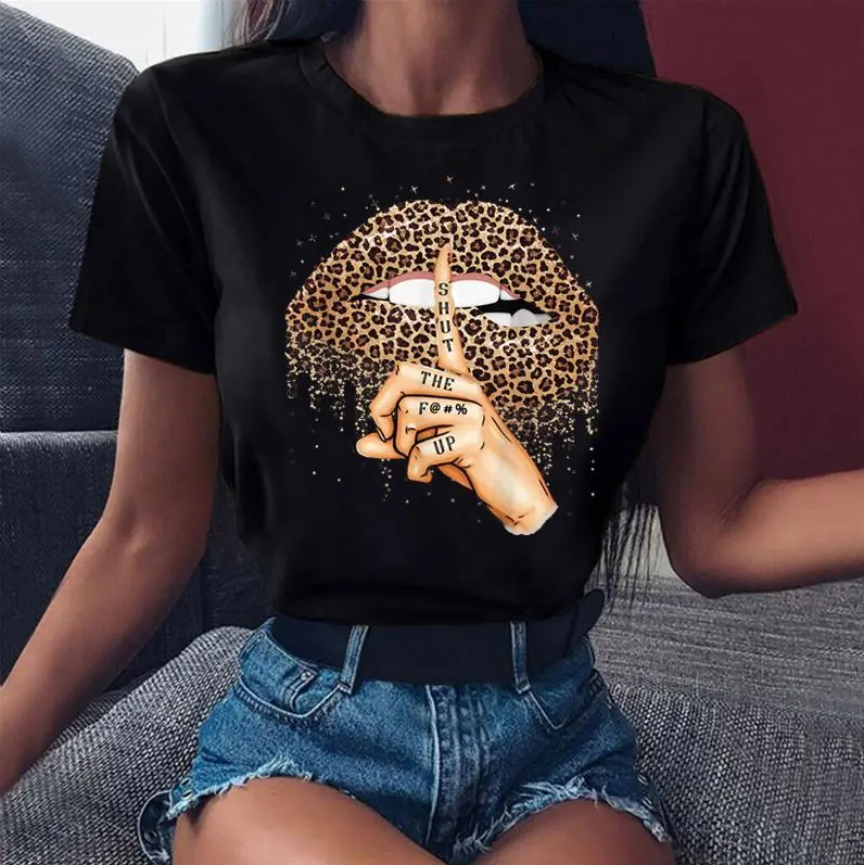 Women's Clothing Tops T-Shirts Leopard Lips Black T-shirt Hot Selling Leopard Lip Print Women's Black T-Shirt