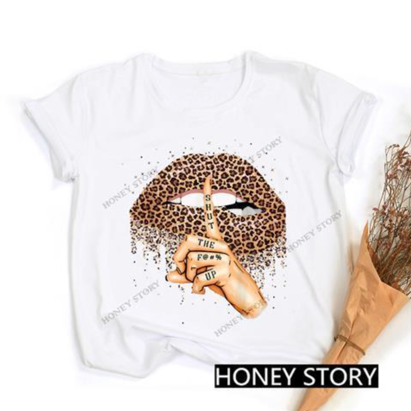 Women's Clothing Tops T-Shirts Leopard Lips Black T-shirt Hot Selling Leopard Lip Print Women's Black T-Shirt