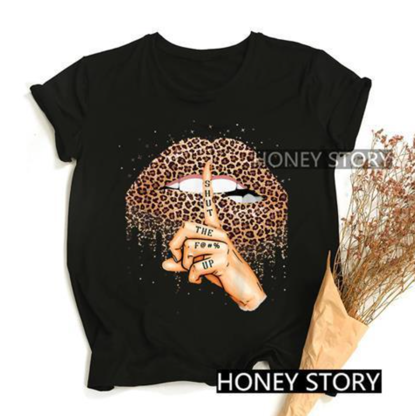 Women's Clothing Tops T-Shirts Leopard Lips Black T-shirt Hot Selling Leopard Lip Print Women's Black T-Shirt