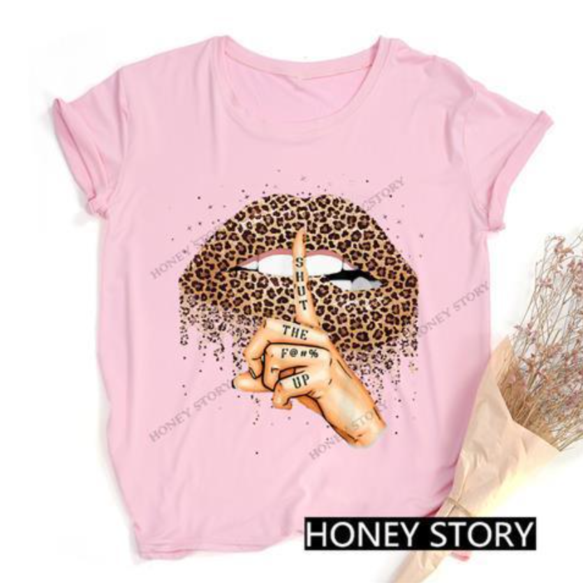 Women's Clothing Tops T-Shirts Leopard Lips Black T-shirt Hot Selling Leopard Lip Print Women's Black T-Shirt