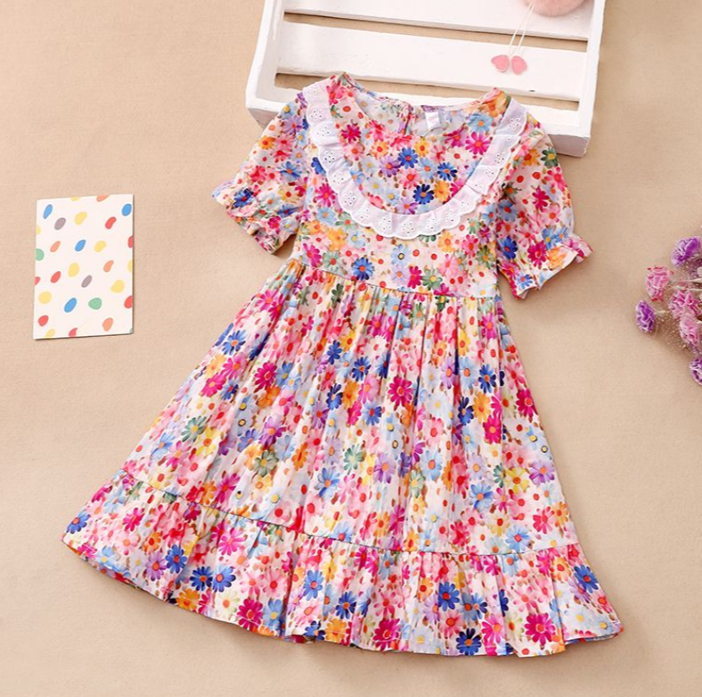 Girls Clothing Dress Floral skirt new girl dress baby style Korean style short-sleeved fresh princess dress