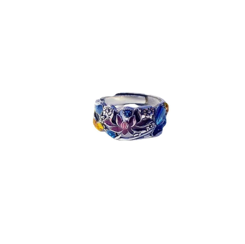 Fashion Women Jewelry Rings Silver Cloisonne Lotus Carp Hollow National Style Ring Women's Retro Old Craft Artistic Ring Whitening Ring