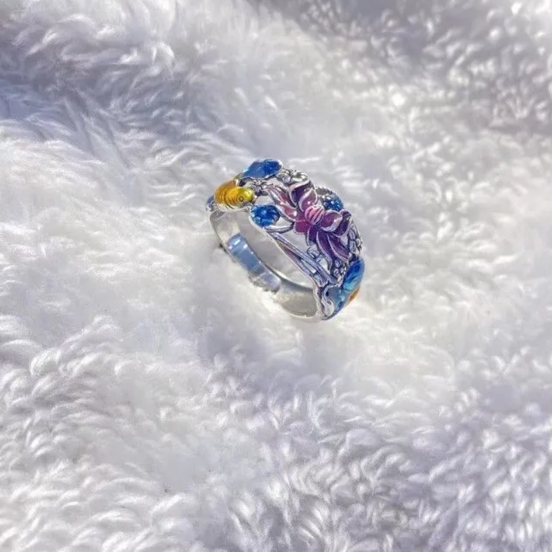 Fashion Women Jewelry Rings Silver Cloisonne Lotus Carp Hollow National Style Ring Women's Retro Old Craft Artistic Ring Whitening Ring