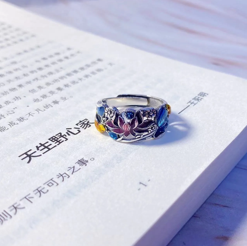 Fashion Women Jewelry Rings Silver Cloisonne Lotus Carp Hollow National Style Ring Women's Retro Old Craft Artistic Ring Whitening Ring