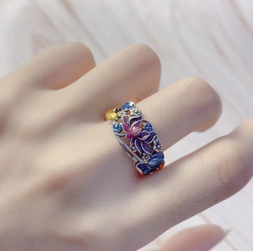 Fashion Women Jewelry Rings Silver Cloisonne Lotus Carp Hollow National Style Ring Women's Retro Old Craft Artistic Ring Whitening Ring