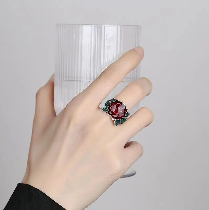 Fashion Women Jewelry Rings Fumin style blue rose ring finger live ancient enamel female personality Thai silver festival flower mouth finger burning love tribe flower gift ring