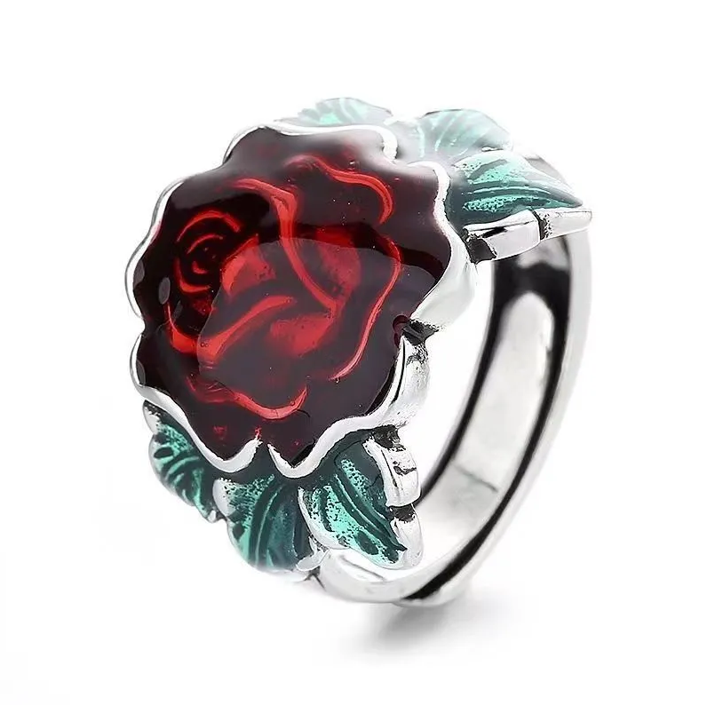 Fashion Women Jewelry Rings Fumin style blue rose ring finger live ancient enamel female personality Thai silver festival flower mouth finger burning love tribe flower gift ring