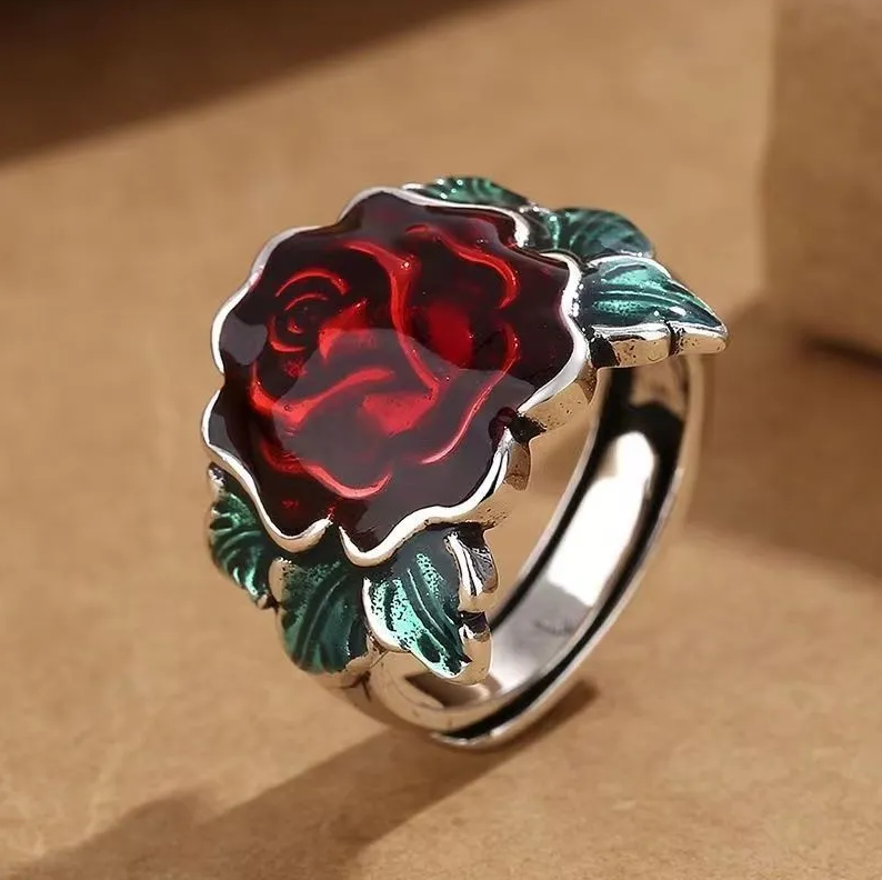 Fashion Women Jewelry Rings Fumin style blue rose ring finger live ancient enamel female personality Thai silver festival flower mouth finger burning love tribe flower gift ring