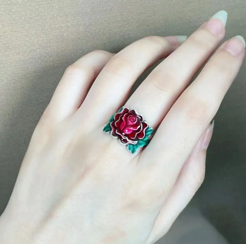 Fashion Women Jewelry Rings Fumin style blue rose ring finger live ancient enamel female personality Thai silver festival flower mouth finger burning love tribe flower gift ring